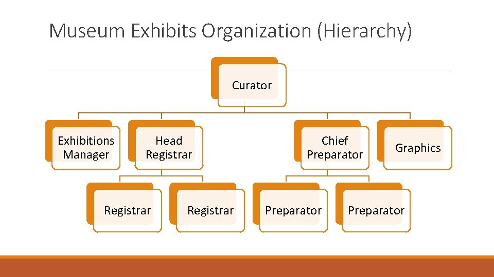 Museum Exhibits Organization (Hierarchy) Curator Exhibitions Manager Head Registrar Chief Preparator Graphics Preparator 