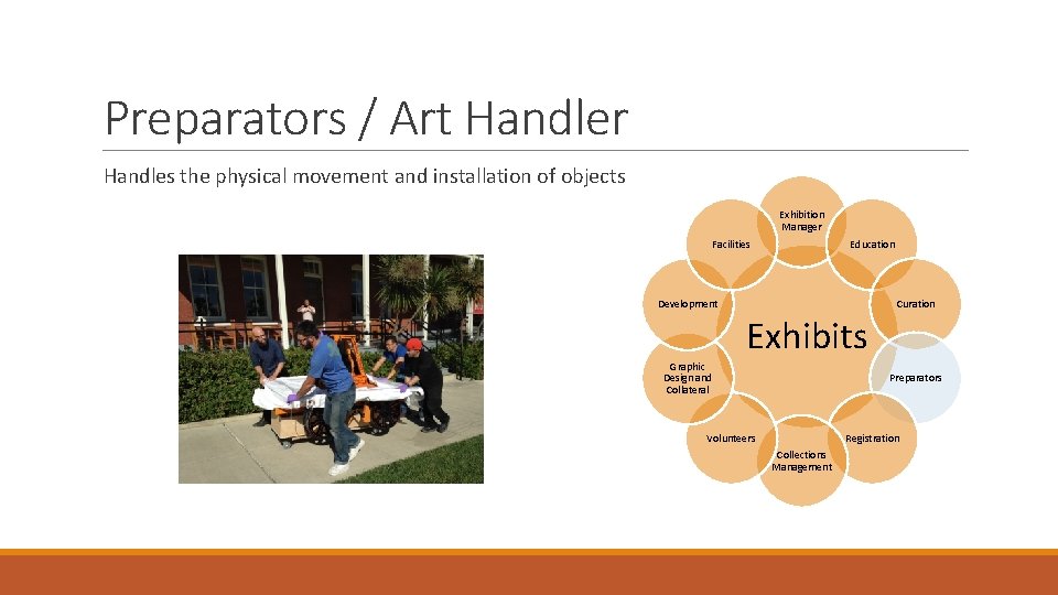 Preparators / Art Handler Handles the physical movement and installation of objects Exhibition Manager