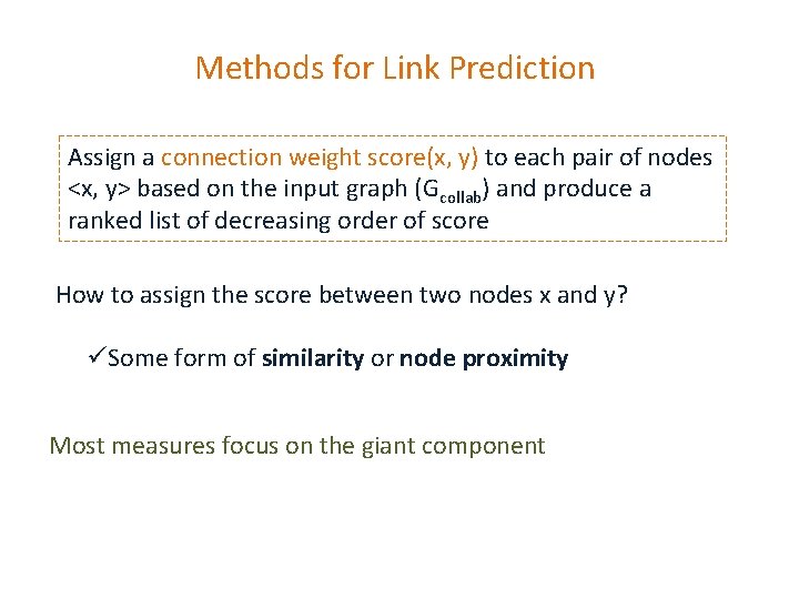 Methods for Link Prediction Assign a connection weight score(x, y) to each pair of