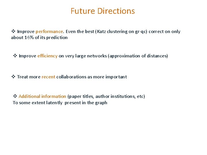 Future Directions v Improve performance. Even the best (Katz clustering on gr-qc) correct on