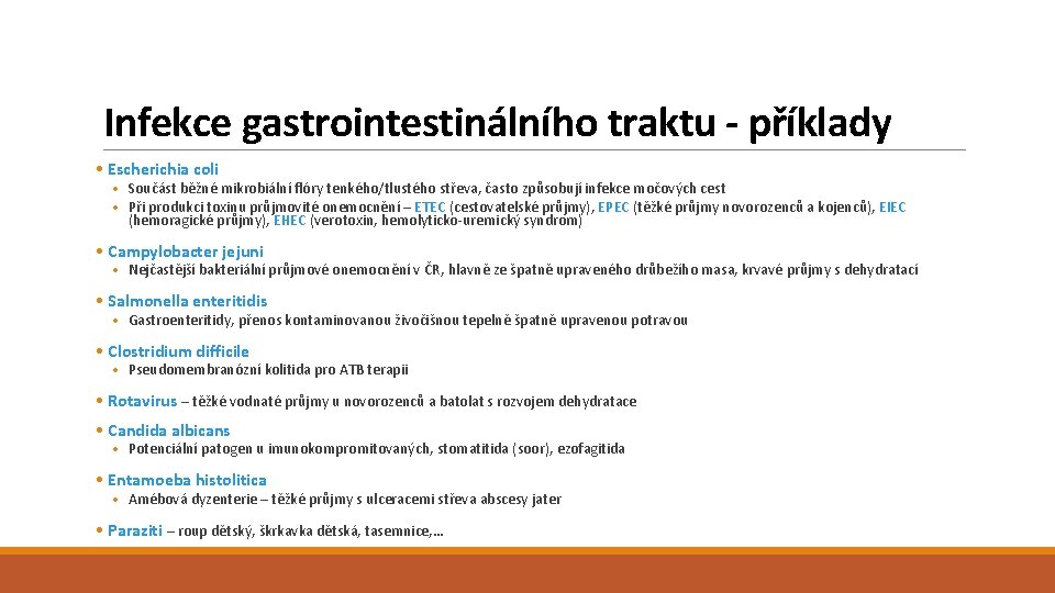 Infekce gastrointestinálního traktu - příklady • Escherichia coli • Součást běžné mikrobiální flóry tenkého/tlustého