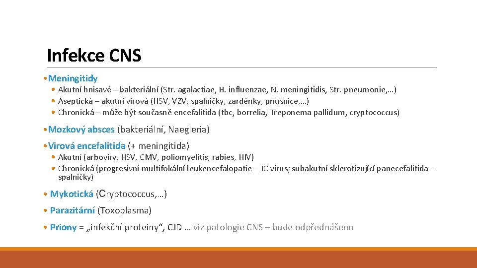 Infekce CNS • Meningitidy • Akutní hnisavé – bakteriální (Str. agalactiae, H. influenzae, N.