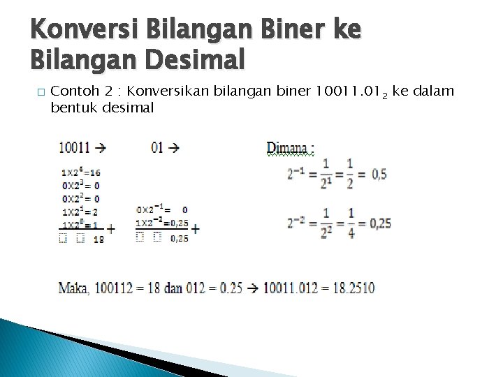 Konversi Bilangan Biner ke Bilangan Desimal � Contoh 2 : Konversikan bilangan biner 10011. Konversi Bilangan Biner ke Bilangan Desimal � Contoh 2 : Konversikan bilangan biner 10011.