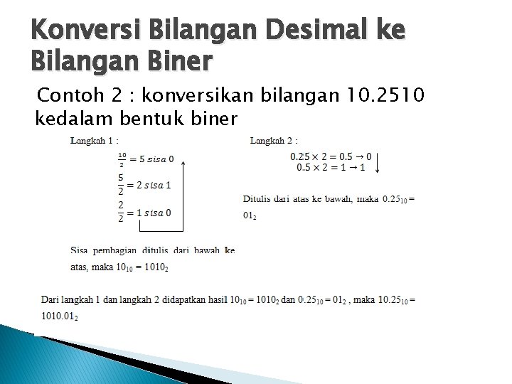 Konversi Bilangan Desimal ke Bilangan Biner Contoh 2 : konversikan bilangan 10. 2510 kedalam Konversi Bilangan Desimal ke Bilangan Biner Contoh 2 : konversikan bilangan 10. 2510 kedalam