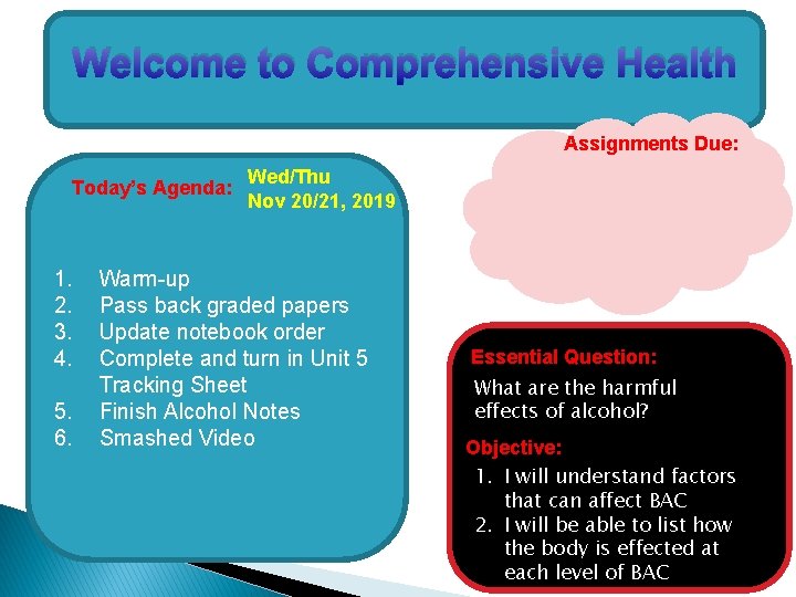 Welcome to Comprehensive Health Assignments Due: Today’s Agenda: 1. 2. 3. 4. 5. 6.