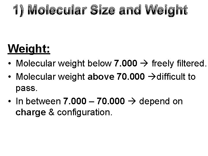 1) Molecular Size and Weight: • Molecular weight below 7. 000 freely filtered. •