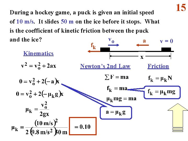 During a hockey game, a puck is given an initial speed of 10 m/s.