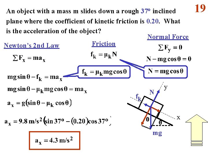 An object with a mass m slides down a rough 37° inclined plane where