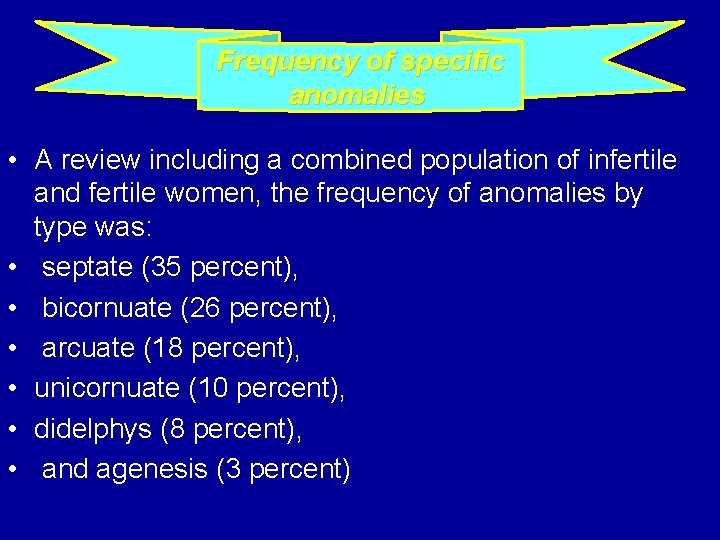 Frequency of specific anomalies • A review including a combined population of infertile and