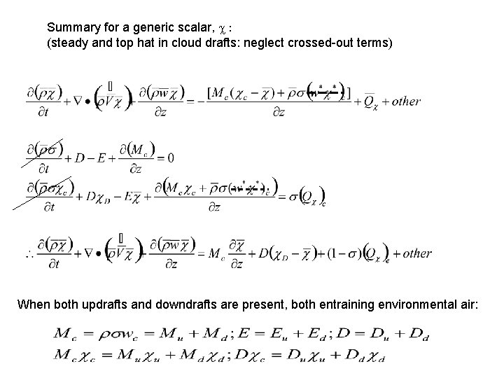 Summary for a generic scalar, c : (steady and top hat in cloud drafts:
