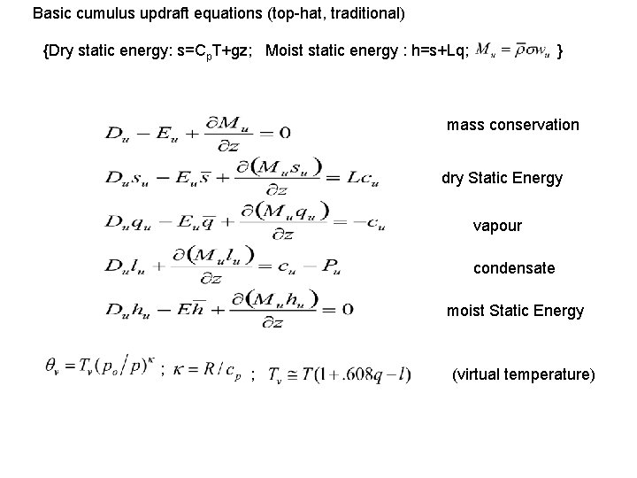 Basic cumulus updraft equations (top-hat, traditional) {Dry static energy: s=Cp. T+gz; Moist static energy