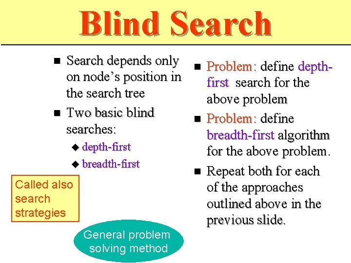 Blind Search depends only on node’s position in the search tree Two basic blind