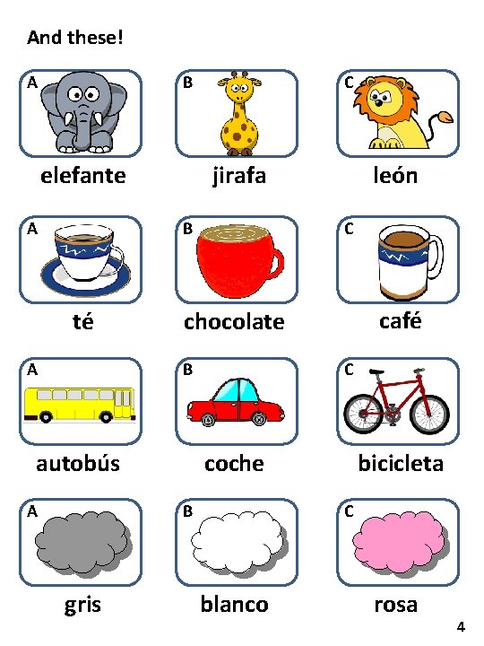 And these! A B elefante A C jirafa B té A C autobús C