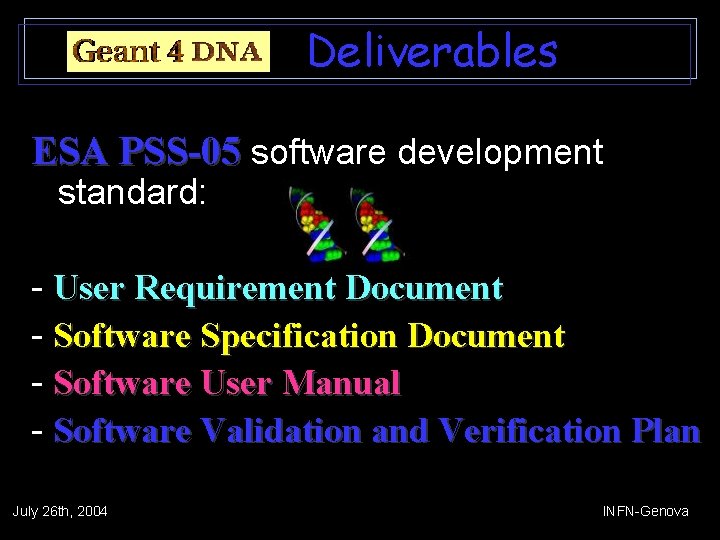 Deliverables ESA PSS-05 software development standard: - User Requirement Document - Software Specification Document