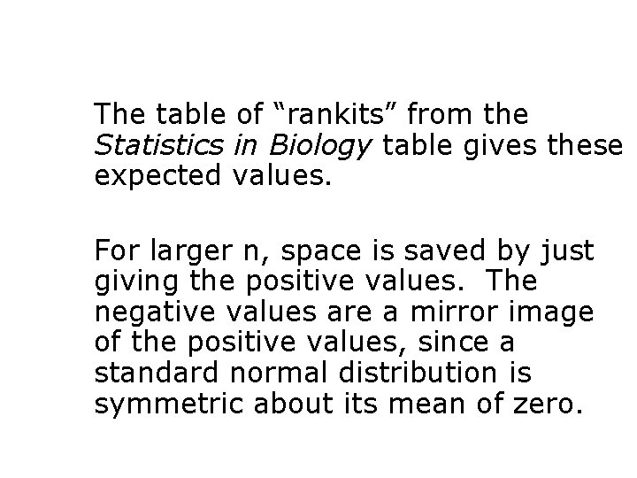 The table of “rankits” from the Statistics in Biology table gives these expected values. The table of “rankits” from the Statistics in Biology table gives these expected values.