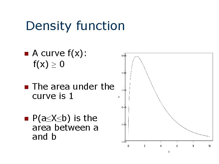 Density function n A curve f(x): f(x) ≥ 0 n The area under the