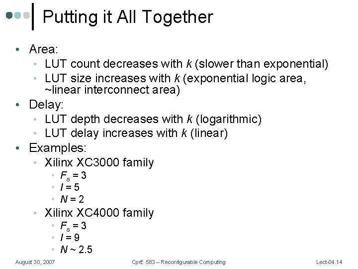 Putting it All Together • Area: • LUT count decreases with k (slower than