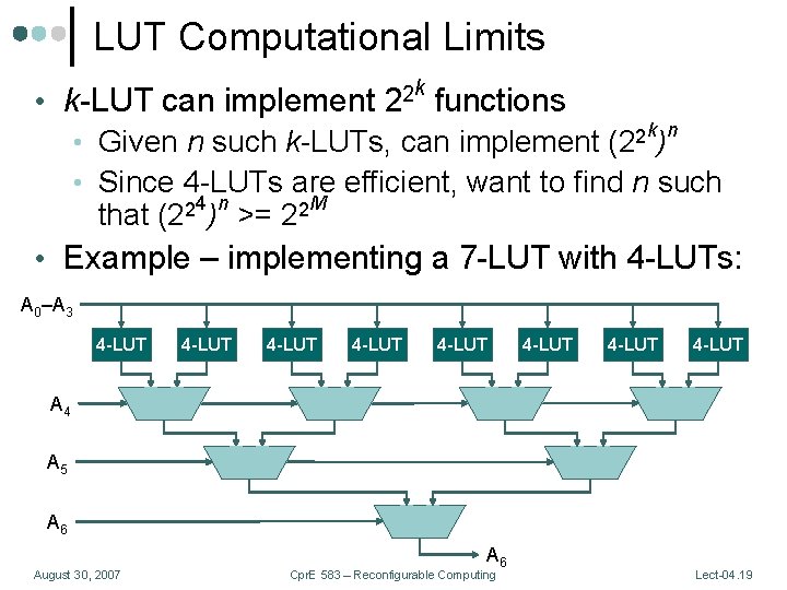 LUT Computational Limits k 2 2 • k-LUT can implement functions k n •