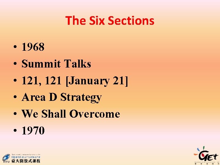 The Six Sections • • • 1968 Summit Talks 121, 121 [January 21] Area