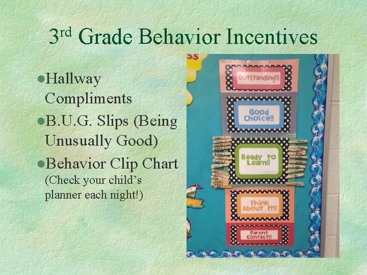 3 rd Grade Behavior Incentives ●Hallway Compliments ●B. U. G. Slips (Being Unusually Good)