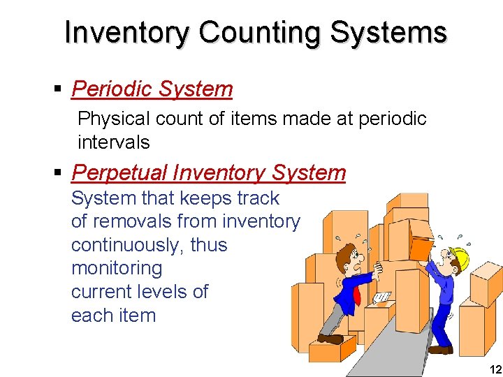 Inventory Counting Systems § Periodic System Physical count of items made at periodic intervals