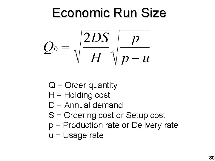 Economic Run Size Q = Order quantity H = Holding cost D = Annual