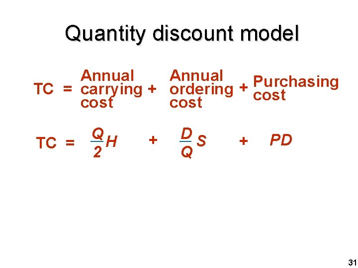 Quantity discount model Annual Purchasing + TC = carrying + ordering cost Q H