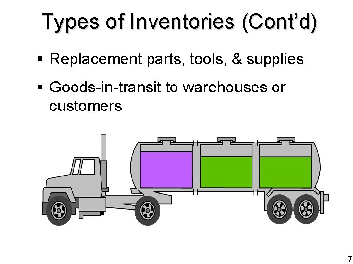 Types of Inventories (Cont’d) § Replacement parts, tools, & supplies § Goods-in-transit to warehouses