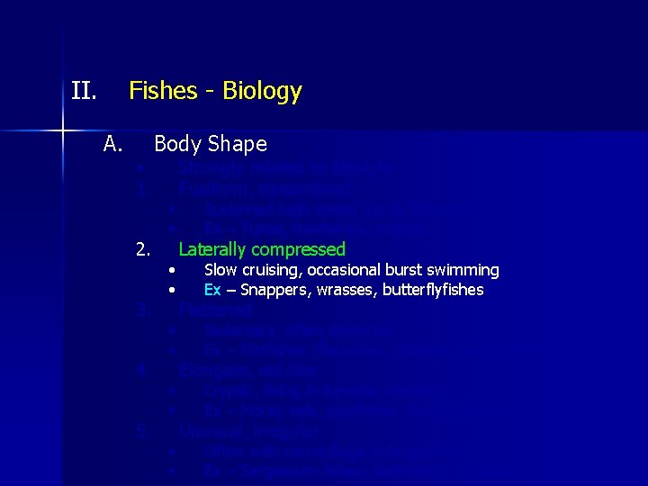 II. Fishes - Biology A. • 1. 2. 3. 4. 5. Body Shape •
