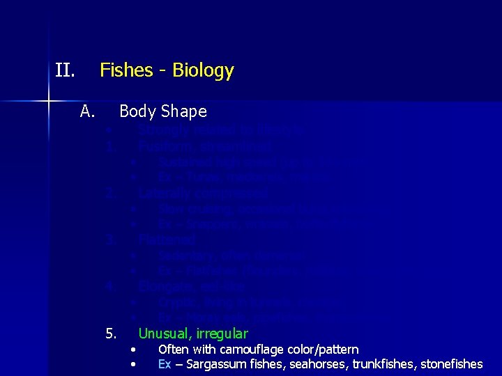 II. Fishes - Biology A. • 1. 2. 3. 4. 5. Body Shape •