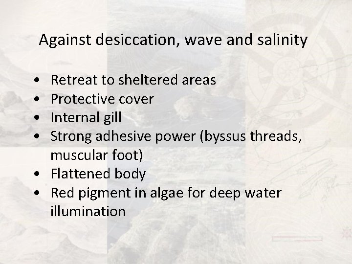 Against desiccation, wave and salinity • • Retreat to sheltered areas Protective cover Internal