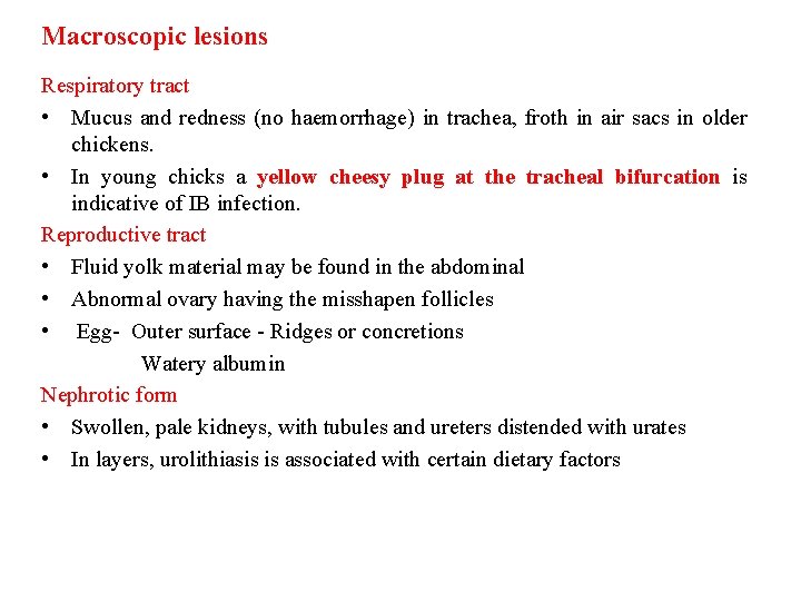 Macroscopic lesions Respiratory tract • Mucus and redness (no haemorrhage) in trachea, froth in