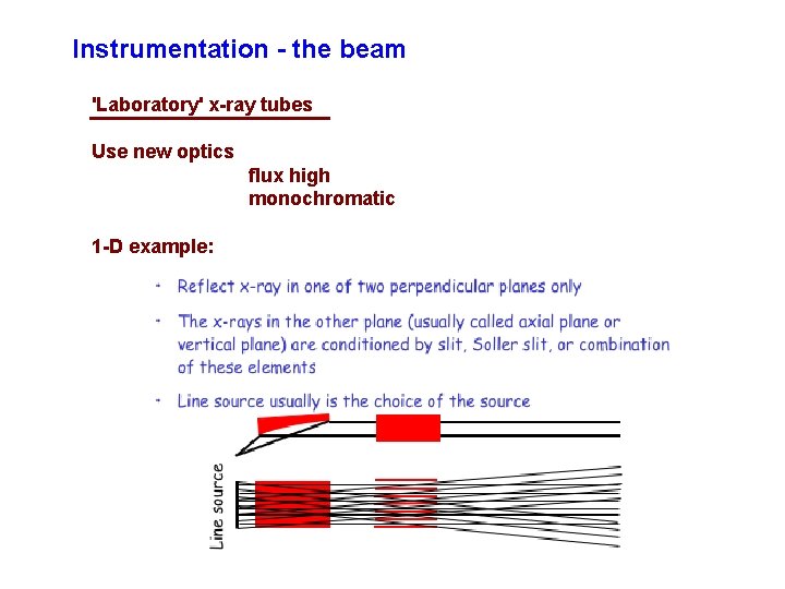 Instrumentation - the beam 'Laboratory' x-ray tubes Use new optics flux high monochromatic 1