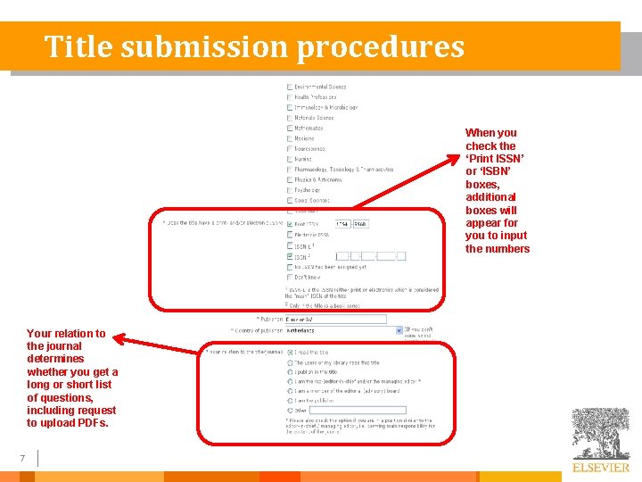 Title submission procedures When you check the ‘Print ISSN’ or ‘ISBN’ boxes, additional boxes