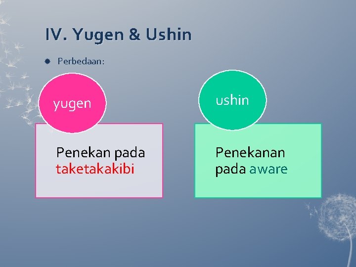 IV. Yugen & Ushin Perbedaan: yugen ushin Penekan pada taketakakibi Penekanan pada aware IV. Yugen & Ushin Perbedaan: yugen ushin Penekan pada taketakakibi Penekanan pada aware