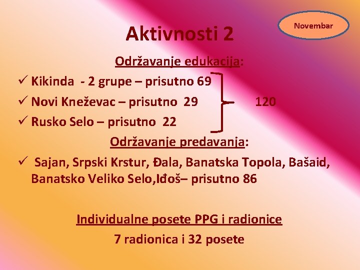 Aktivnosti 2 Novembar Održavanje edukacija: ü Kikinda - 2 grupe – prisutno 69 ü