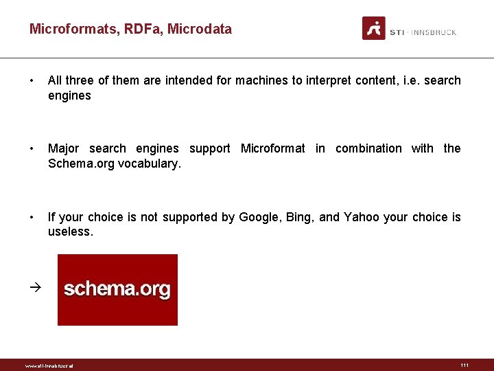 Microformats, RDFa, Microdata • All three of them are intended for machines to interpret