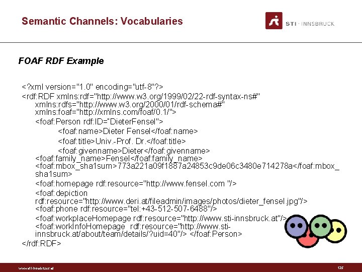 Semantic Channels: Vocabularies FOAF RDF Example <? xml version="1. 0" encoding="utf 8"? > <rdf:
