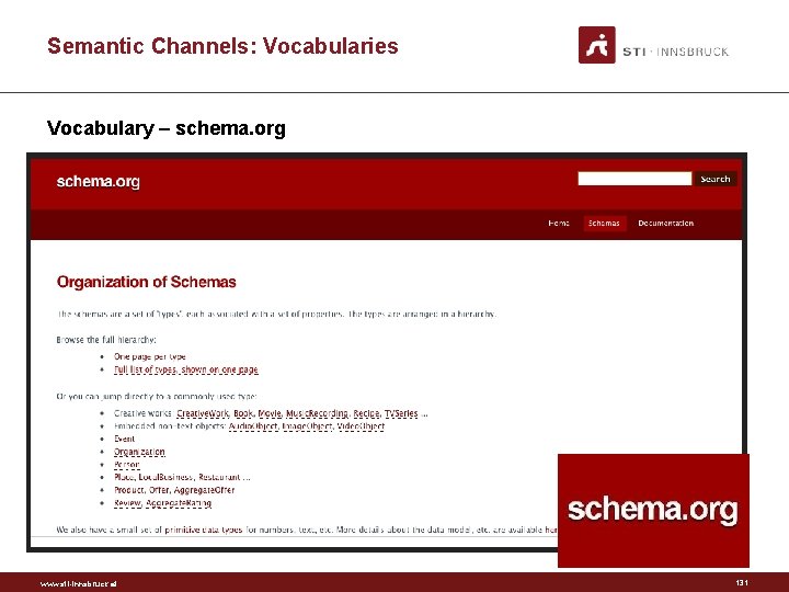 Semantic Channels: Vocabularies Vocabulary – schema. org www. sti-innsbruck. at 131 