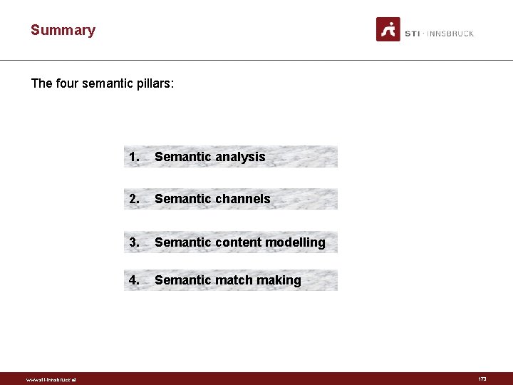 Summary The four semantic pillars: www. sti-innsbruck. at 1. Semantic analysis 2. Semantic channels
