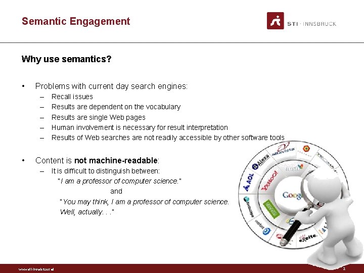 Semantic Engagement Why use semantics? • Problems with current day search engines: – –