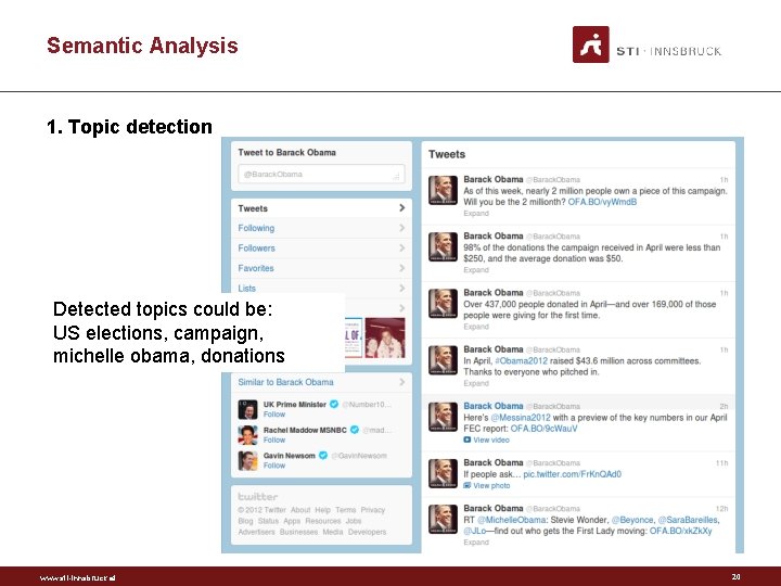 Semantic Analysis 1. Topic detection Detected topics could be: US elections, campaign, michelle obama,