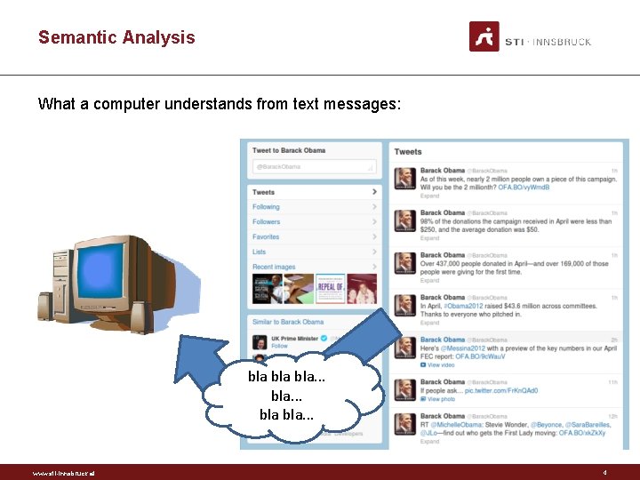 Semantic Analysis What a computer understands from text messages: bla bla. . . www.