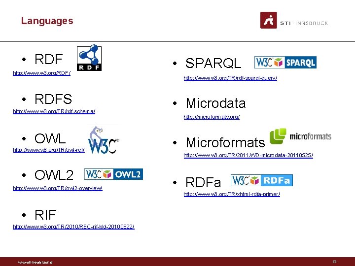 Languages • RDF http: //www. w 3. org/RDF/ • RDFS http: //www. w 3.