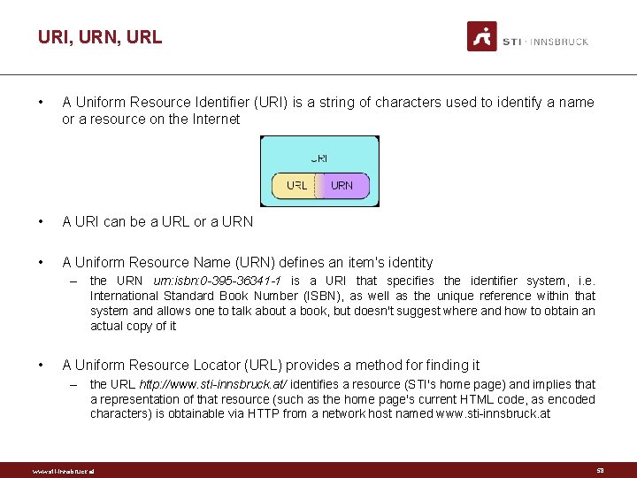 URI, URN, URL • A Uniform Resource Identifier (URI) is a string of characters
