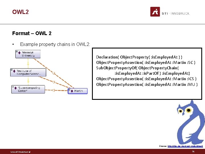 OWL 2 Format – OWL 2 • Example property chains in OWL 2: Declaration(