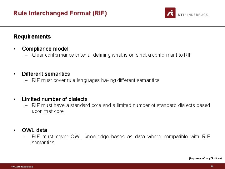 Rule Interchanged Format (RIF) Requirements • Compliance model – Clear conformance criteria, defining what