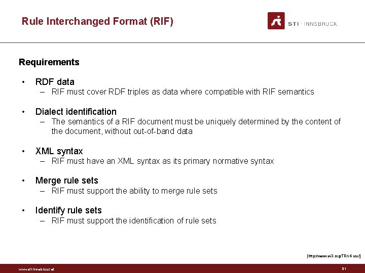 Rule Interchanged Format (RIF) Requirements • RDF data – RIF must cover RDF triples