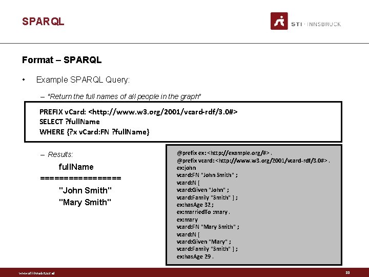 SPARQL Format – SPARQL • Example SPARQL Query: – “Return the full names of