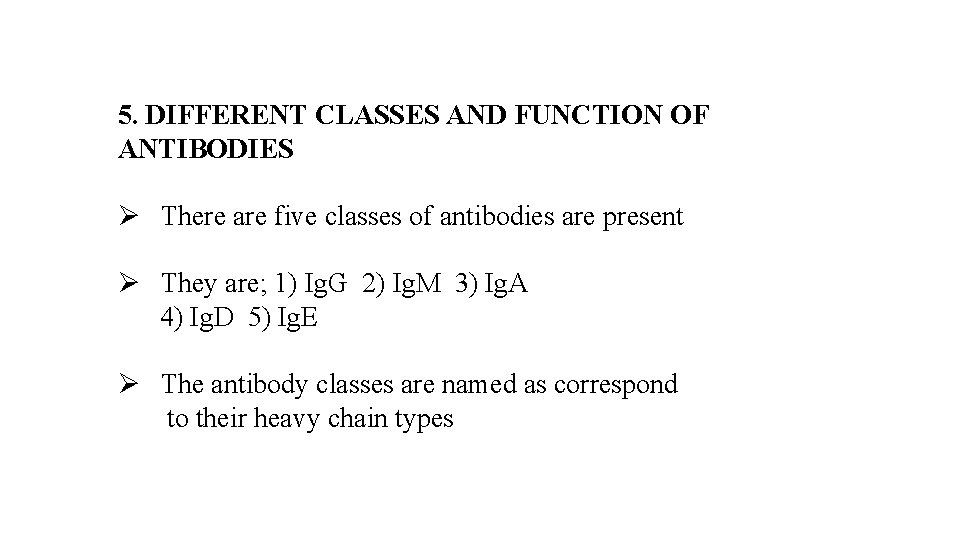 5. DIFFERENT CLASSES AND FUNCTION OF ANTIBODIES Ø There are five classes of antibodies